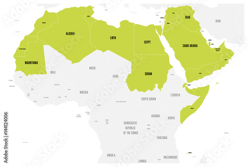 Arab World states political map with higlighted 22 arabic-speaking countries of the Arab League. Northern Africa and Middle East region. Vector illustration.