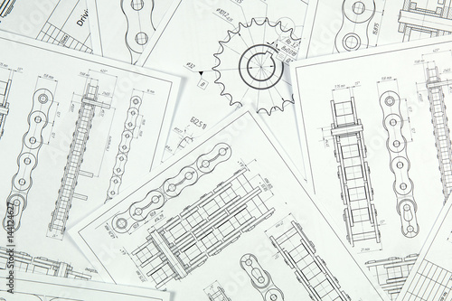 Technical engineering drawing, details of drive industrial chain, sprocket and mechanisms.