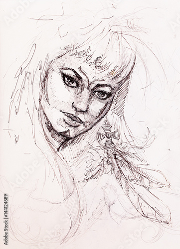 Mystic woman warior portrait. pencil drawing on old paper.