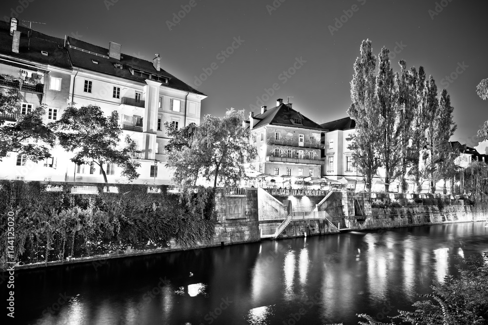 Ljubljana river and waterfront evening black and white view
