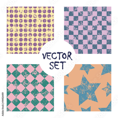 Set of vector seamless patterns Creative geometric backgrounds with squares,stars,circles, dots. Texture with attrition, cracks and ambrosia. Old style vintage design. Graphic illustration. photo