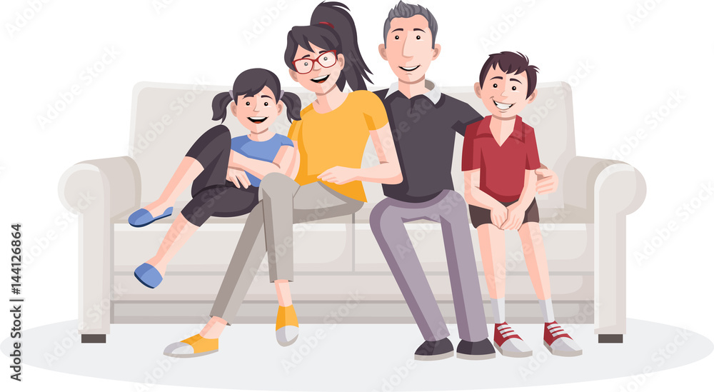 Obraz premium Colorful happy cartoon family on sofa.