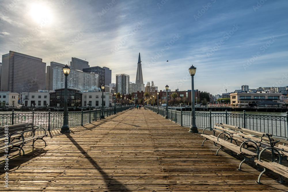 Pier 7 view of Downtown skyline - San Francisco, California, USA