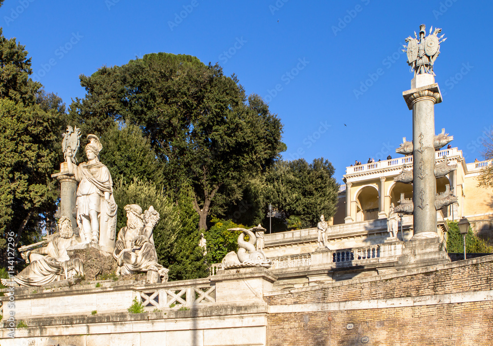 Sculpture and fountain of Piazza del Popolo in Rome
