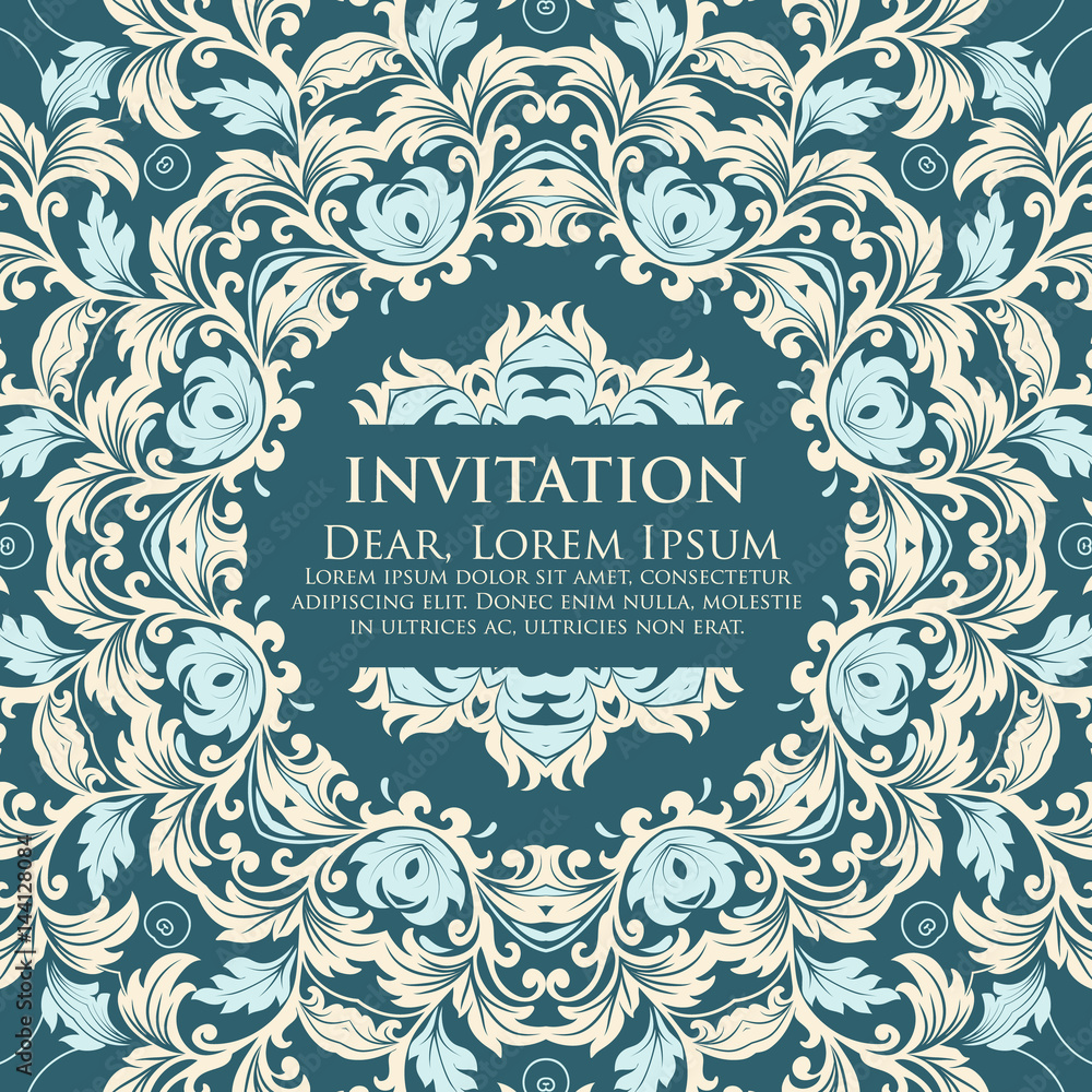 Wedding invitation and announcement card with ornamental round lace with arabesque elements. Mehndi style. Orient traditional ornament. Zentangle-like round colored floral ornament. Wedding invitation and announcement card with ornamental round lace with arabesque elements. Mehndi style. Orient traditional ornament. Zentangle-like round colored floral ornament.