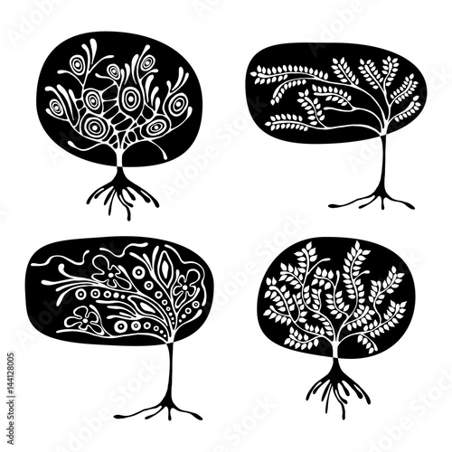 Vector set of hand drawn illustration, decorative ornamental stylized tree. Black and white graphic illustration isolated on the white background. Inc drawing silhouette.