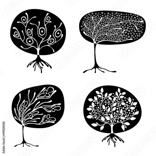 Vector set of hand drawn illustration, decorative ornamental stylized tree. Black and white graphic illustration isolated on the white background. Inc drawing silhouette.