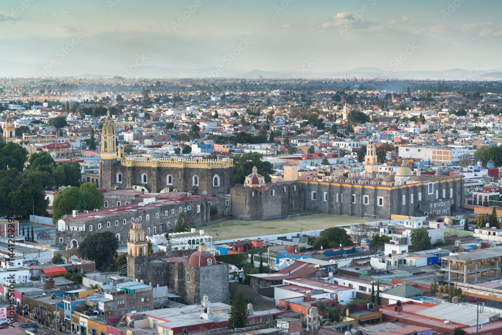 Cholula, Mexico - circa february 2017: Aerial view of downtown and of Convent of San Gabriel in Cholula, Puebla