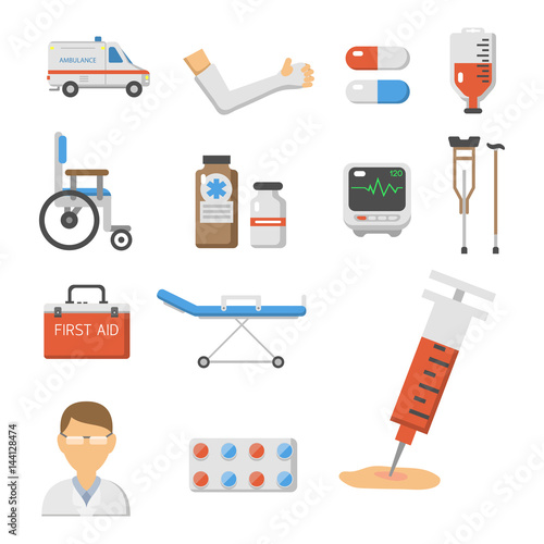 Medical icons set care ambulance hospital emergency human pharmacy vector illustration.