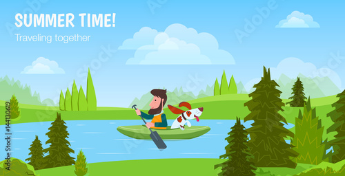 Poster Summer time! A man and his dog floating in a kayak on the river on the background of summer landscape