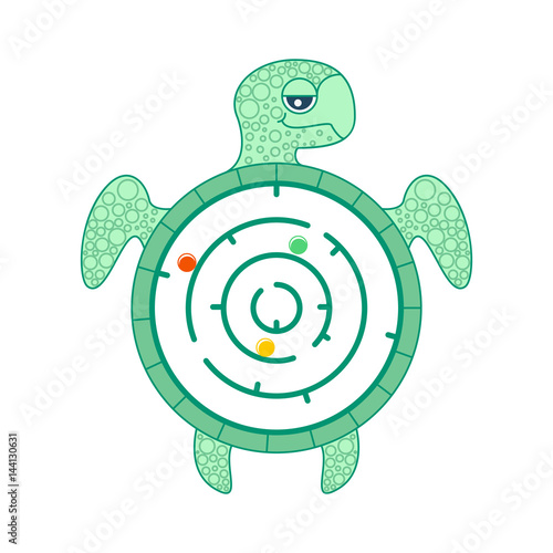 Toy for small children. Marine turtle rattle maze with colorful balls. Vector