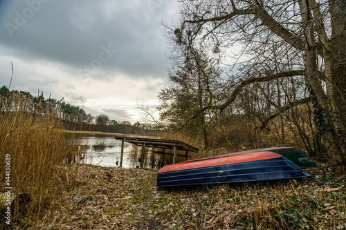 boat near a lake in forest