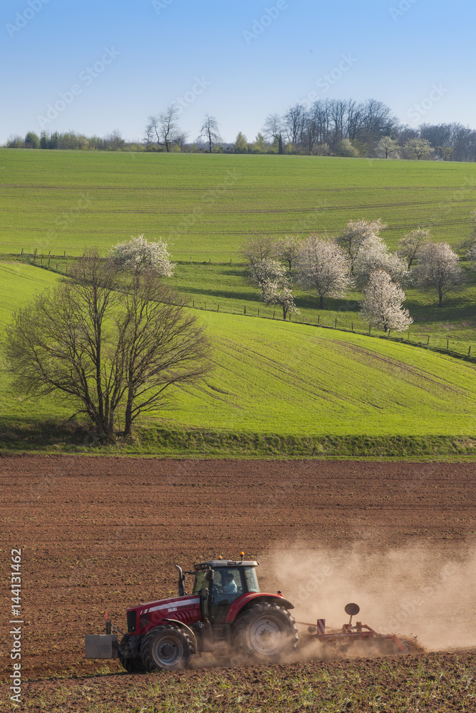 Fototapeta premium Tracteur retournant un champ au printemps