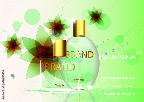 eps 10 vector advertising poster of luxury eau de parfum isolated on green background with flowers. Premium perfumery advertisement banner for web, print. Realistic glass bottle with vaporizer spray
