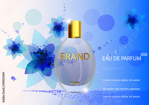 eps 10 vector advertising poster of luxury eau de parfum isolated on blue background with flowers. Premium perfumery advertisement banner for web, print. Realistic glass bottle with vaporizer spray