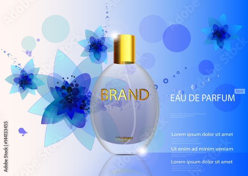 eps 10 vector advertising poster of luxury eau de parfum isolated on blue background with flowers. Premium perfumery advertisement banner for web, print. Realistic glass bottle with vaporizer spray