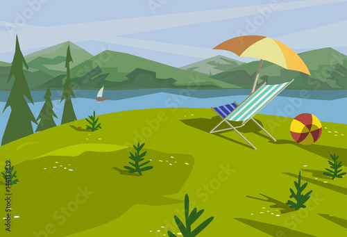 Summer nature landscape. Mountain river in valley. Lake view in green hills pine trees. Countryside scene background. Outdoors vector Illustration. Cartoon retro style poster. Season leisure banner