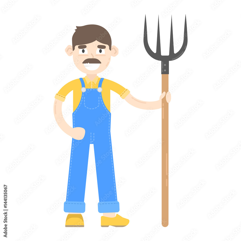 Farmer with mustache dressed in a blue jumpsuit, stand with pitchfork Farmer with mustache dressed in a blue jumpsuit, stand with pitchfork