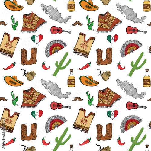 Mexico seamless pattern doodle elements, Hand drawn sketch mexican traditional sombrero hat, boots, poncho, cactus and tequila bottle, map of mexico, music instruments. vector illustration background