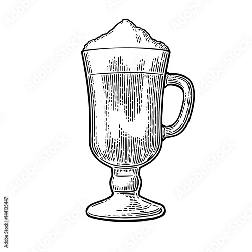 Glass of Latte macchiato coffee with whipped cream.