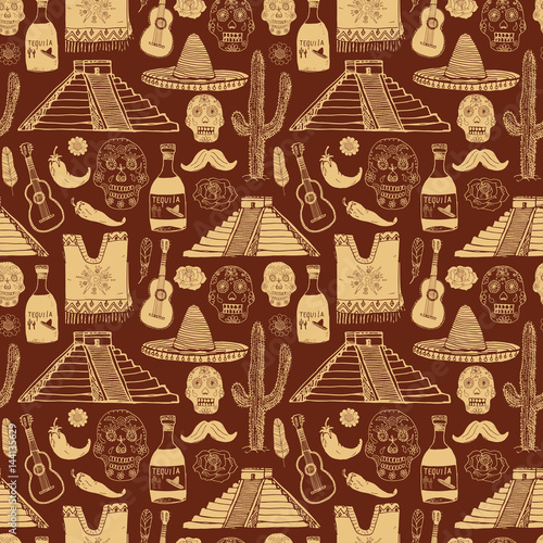 Mexico seamless pattern doodle elements, Hand drawn sketch mexican traditional sombrero hat, poncho, cactus and tequila bottle, map of mexico, skull, music instruments. vector illustration background.