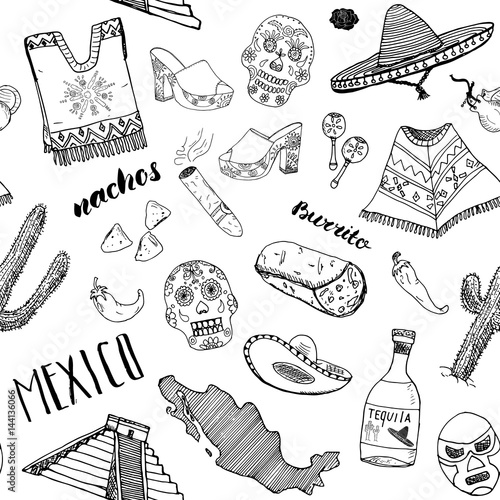 Mexico seamless pattern doodle elements, Hand drawn sketch mexican traditional sombrero hat, boots, poncho, cactus and tequila bottle, map of mexico, burrito, skull. vector illustration background