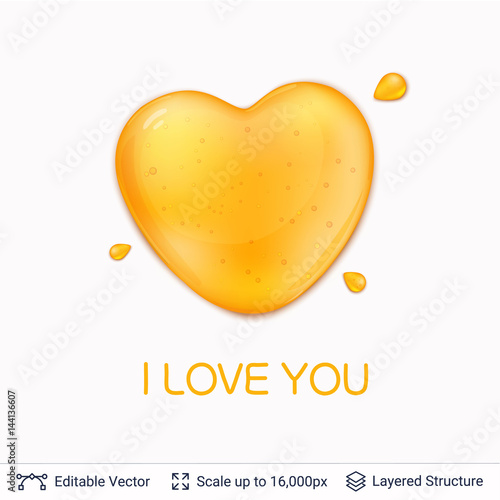 Heart shaped honey drop and text.