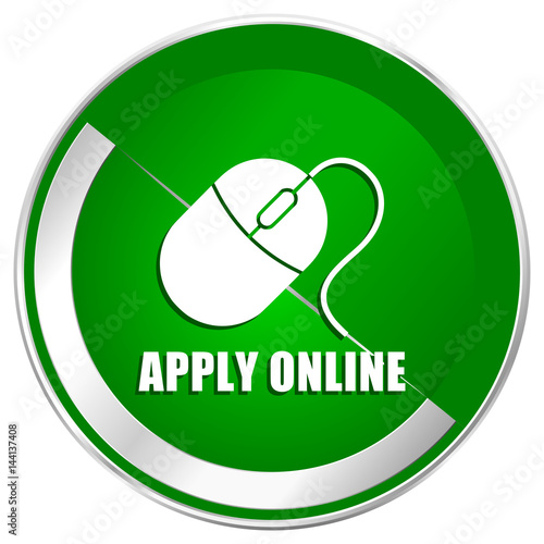 Apply online silver metallic border green web icon for mobile apps and internet.