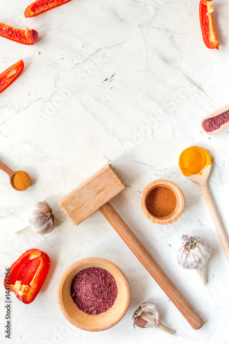 composition of cooking tools and spices on kitchen table top view mockup