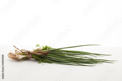 Fresh coriander and Spring onion white background  Still life of Asian.