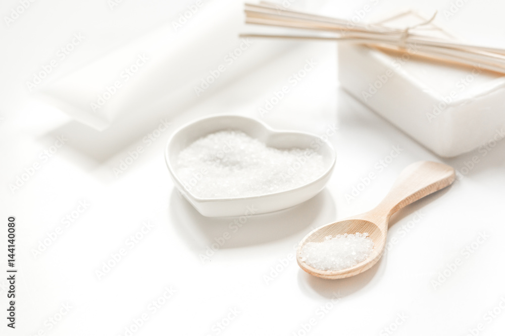 white cosmetic set on desk background white cosmetic set on desk background