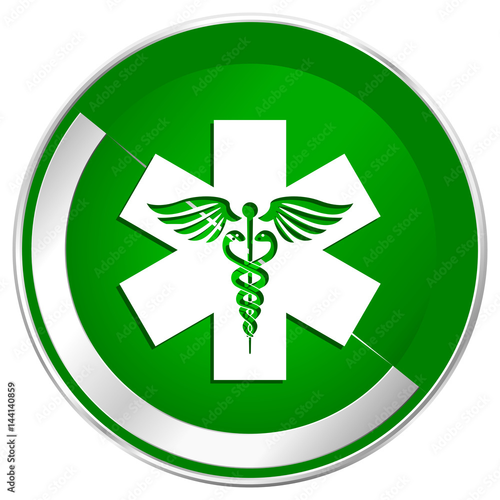 Emergency silver metallic border green web icon for mobile apps and internet.