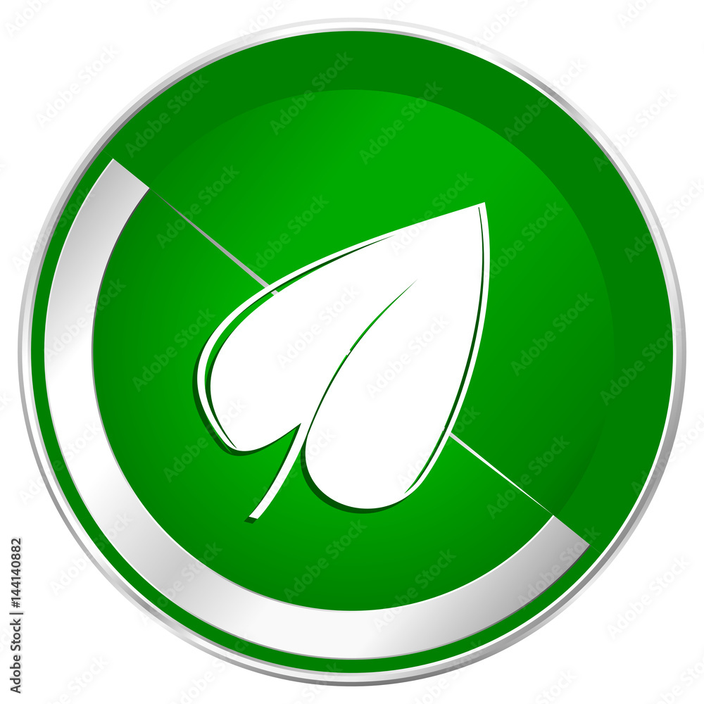 Leaf silver metallic border green web icon for mobile apps and internet.