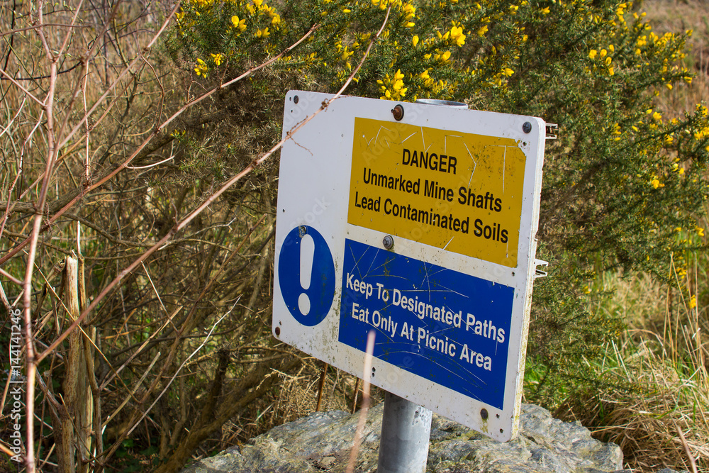 Local council sign warning of the dangers of the many disused and abandoned mineshafts in the