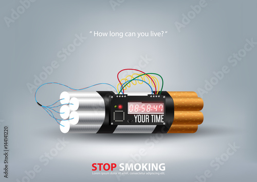 Stop smoking concept advertisement, cigarette tobacco as time bomb, vector illustration