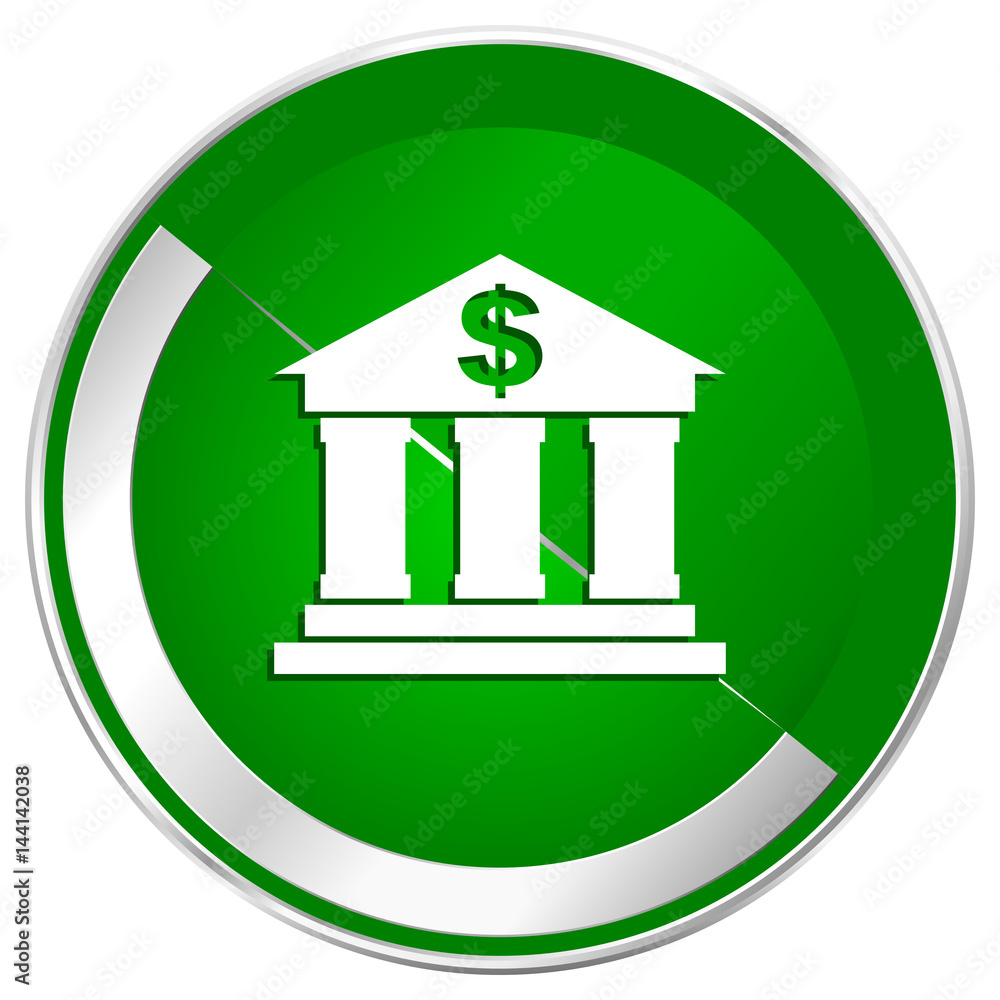 Bank silver metallic border green web icon for mobile apps and internet. Bank silver metallic border green web icon for mobile apps and internet.