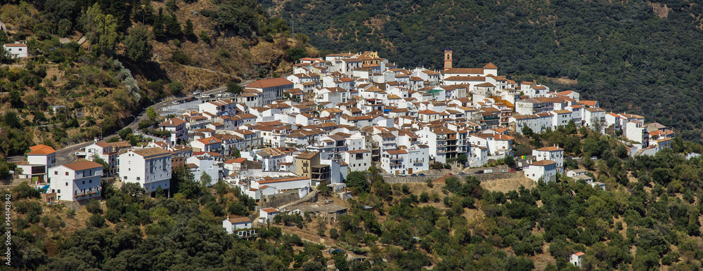 Algatocin white village panoramic view, Andalusia, Spain.
