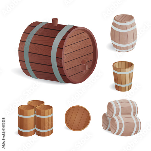 Wooden barrel vintage old style oak storage container and brown isolated retro liquid beverage object fermenting distillery cargo drum lager vector illustration.