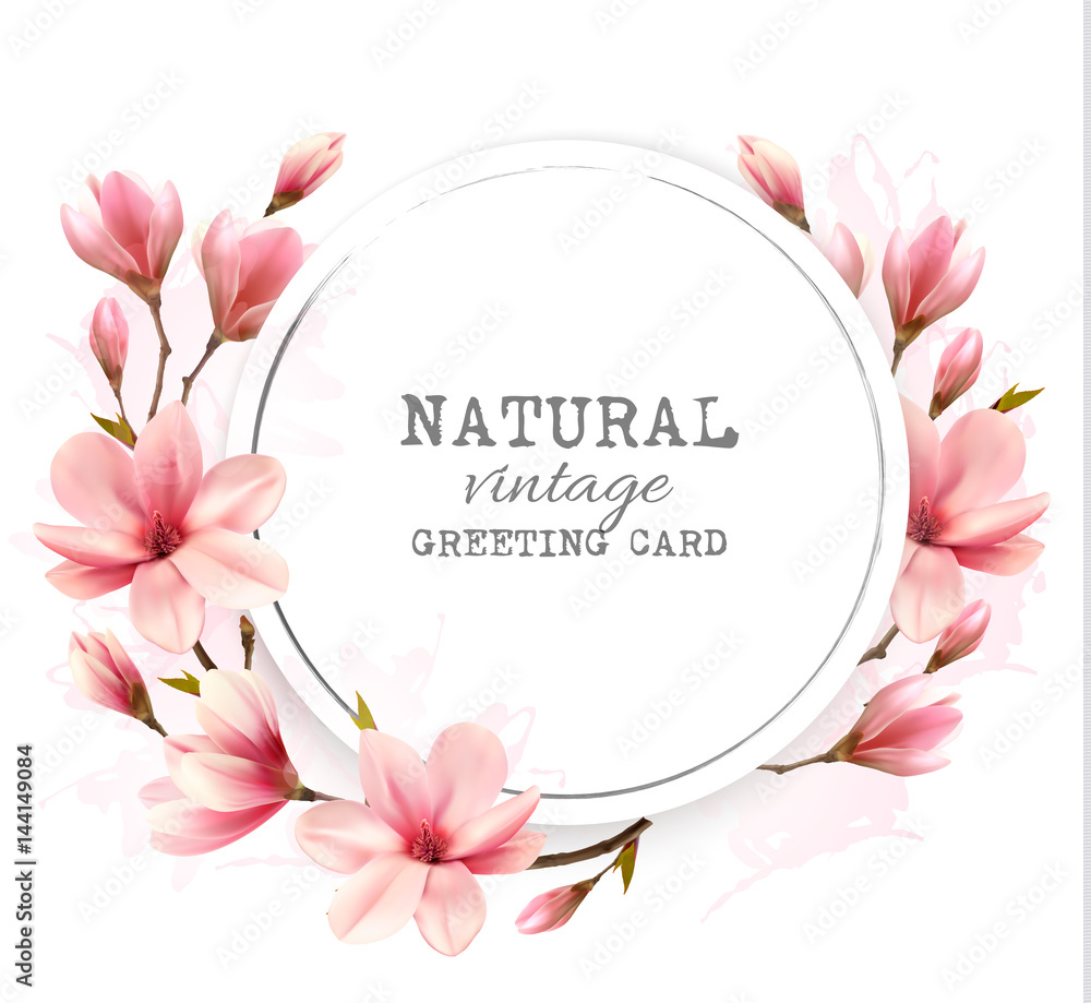 Fototapeta premium Natural vintage greeting card with pink magnolia. Vector.