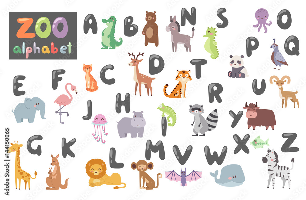 Cute zoo alphabet with cartoon animals isolated on white background and funny letters wildlife learn typography cute language vector illustration.
