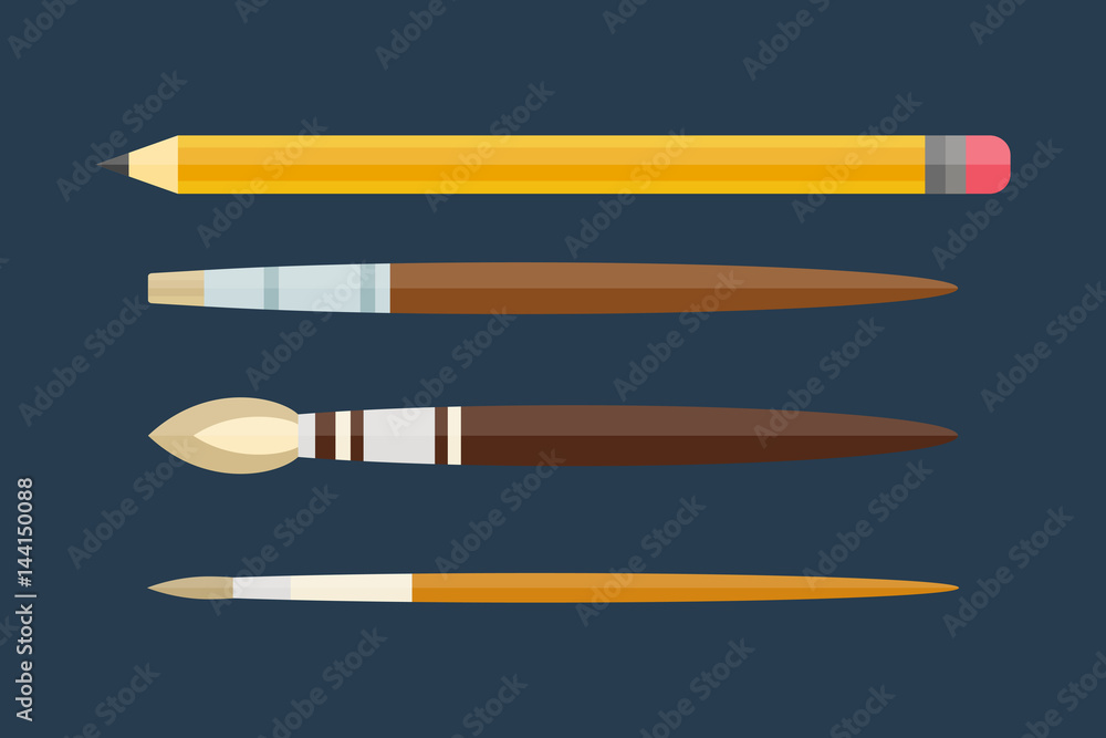 Paint and writing tools collection flat style colored stationery equipment drawing and education artist cartoon sketching vector illustration. Paint and writing tools collection flat style colored stationery equipment drawing and education artist cartoon sketching vector illustration.