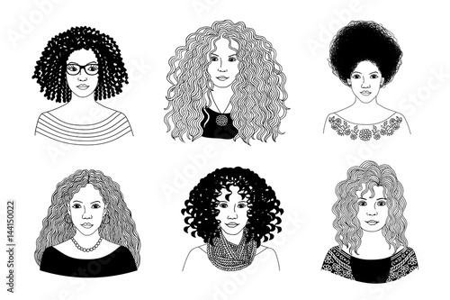 Hand drawn black and white illustration of six young women with different types of curly hair