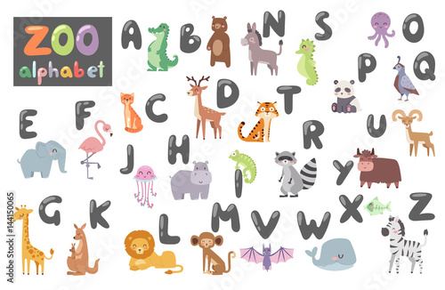 Cute zoo alphabet with cartoon animals isolated on white background and funny letters wildlife learn typography cute language vector illustration.