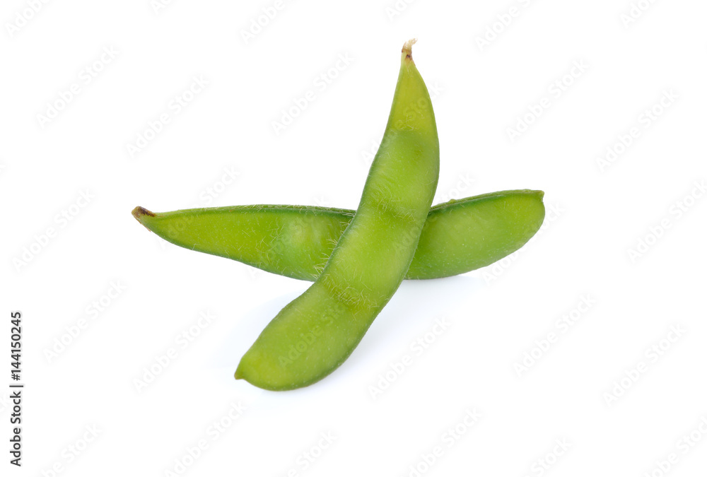 boiled Japanese green soybeans (Edamame-Japanese text) on white background boiled Japanese green soybeans (Edamame-Japanese text) on white background