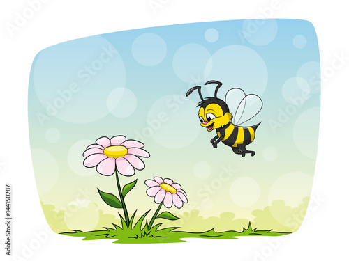 Small honeybee flies to a flower