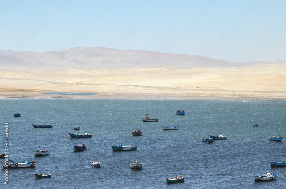 Aerial view to fisherman boats, ocean, desert and mountains