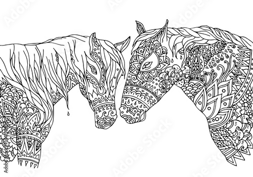 Coloring page in zentangle inspired style. Vector illustration hand-drawn horses (mustang), isolated on white background. Hand drawn sketch for adult antistress coloring page, T-shirt, logo or tattoo photo