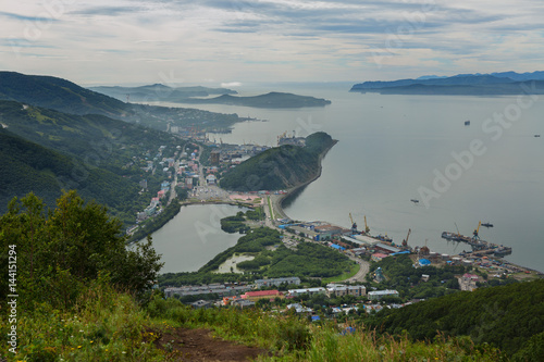 Summer view the center of Petropavlovsk-Kamchatsky and Avacha Bay. View from Mishennaya hills. photo