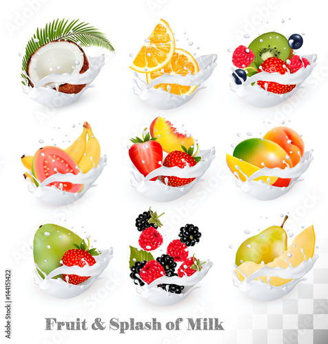 Big collection icons of fruit in a milk splash. Guava, coconut, mango, peach, strawberry, cherry, blueberry, banana, melon, orange, raspberry. Vector Set