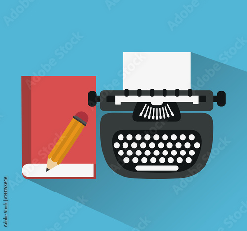 typewriter with book and pencil icons image vector illustraiton design 